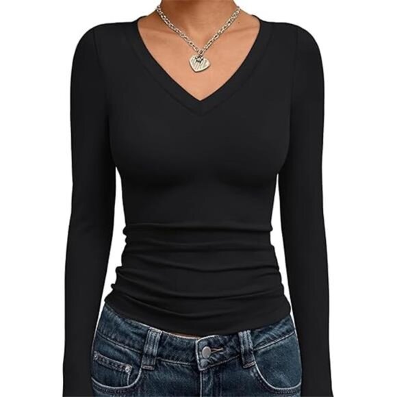 V-Neck Long Sleeve Crop Top – Stretchy Slim Fit Y2K Basic Tee - Picture 6 of 6